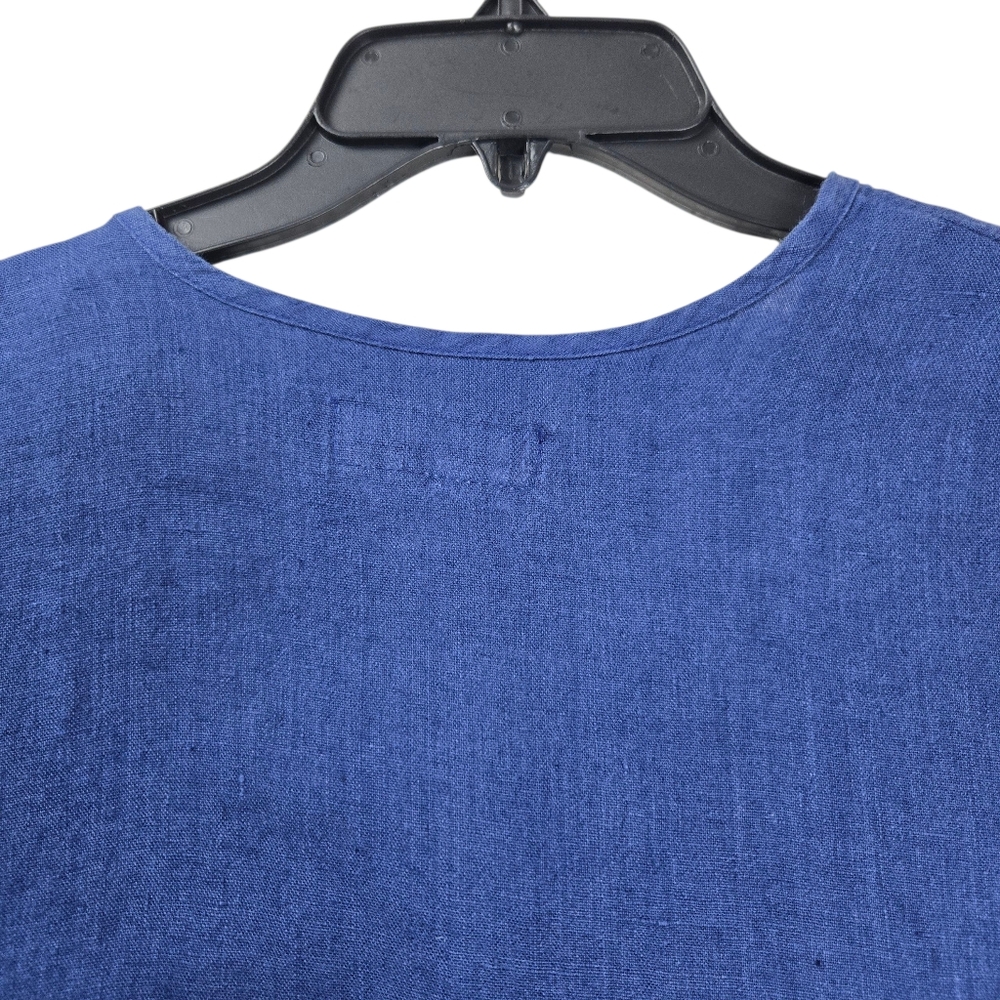 FLAX Medium Blue 100% Linen‎ V-Neck Button-Front Long Oversized Tunic Top - Picture 6 of 16